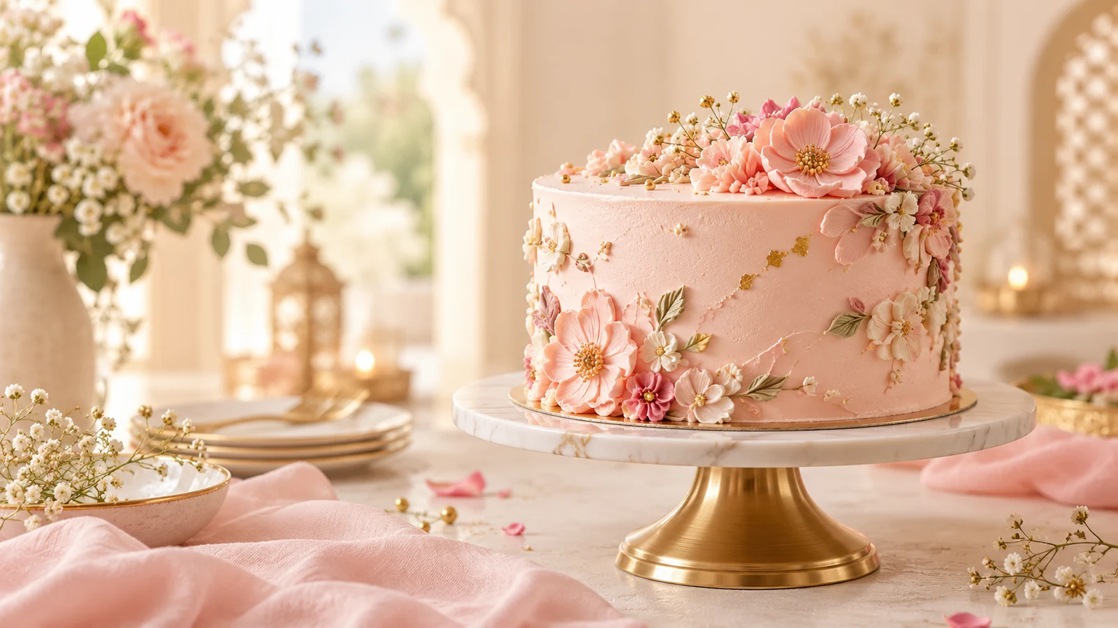 Blush floral celebration cake on a gold stand